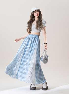 韩系甜美蓝色格子蕾丝拼接半身裙女夏季新款小个子a字大摆伞长裙
