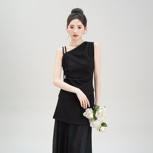 黑色单肩背心半身长裙时尚套装女