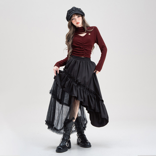 新款不规则木耳边设计感网纱拼接中长款显瘦黑色蕾丝大摆半身裙女