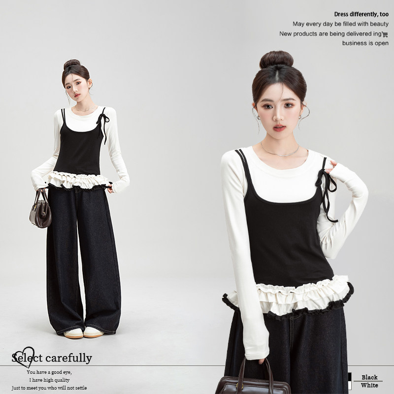 妮茨维黑白撞色假两件吊带拼接花边T恤春季新款女装内搭修身上衣,女装/女士精品,T恤,淘宝优惠券,粉丝福利购,淘宝优惠卷