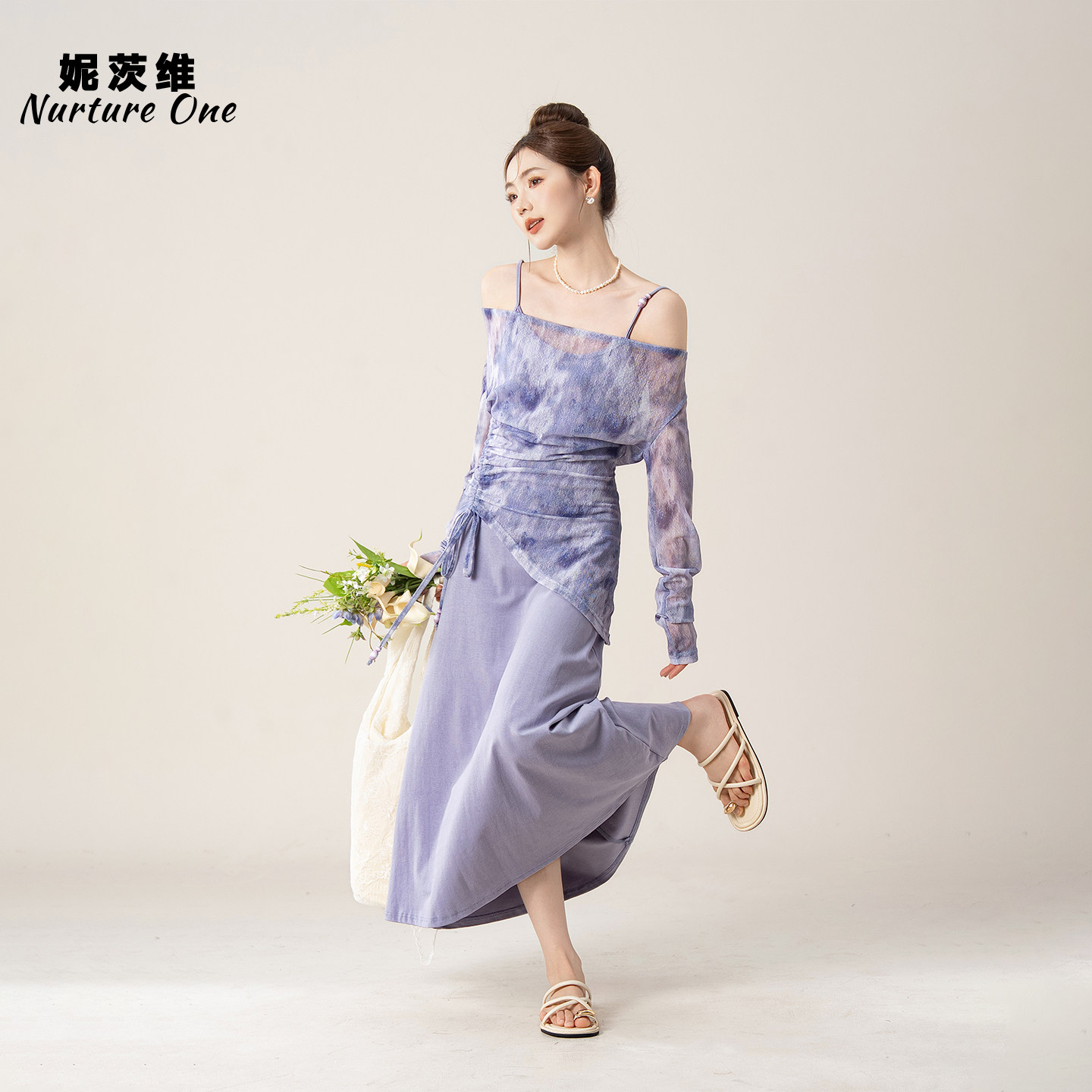妮茨维【烟紫扎染】气质抽绳不规则连衣裙不费力穿搭迷幻晕染长裙