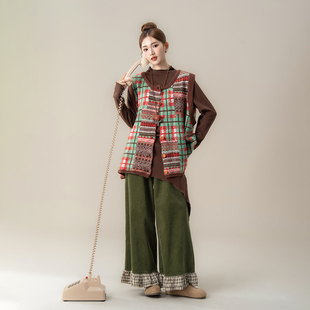 红色日系复古风格子拼色针织背心马甲女春季新款宽松百搭无袖上衣