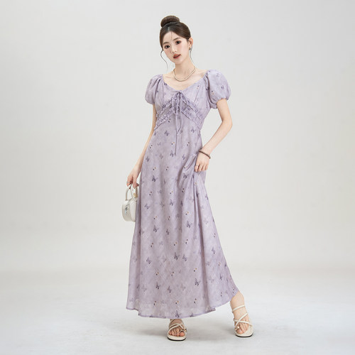 紫色V领蝴蝶印花泡泡袖连衣裙女