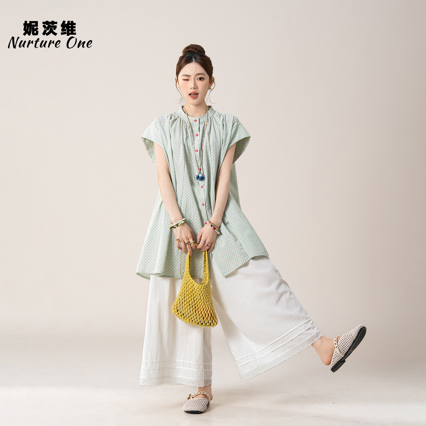 妮茨维【浅绿甜俏】宽松波点短袖衬衫女森系穿搭叠花边阔腿裤套装
