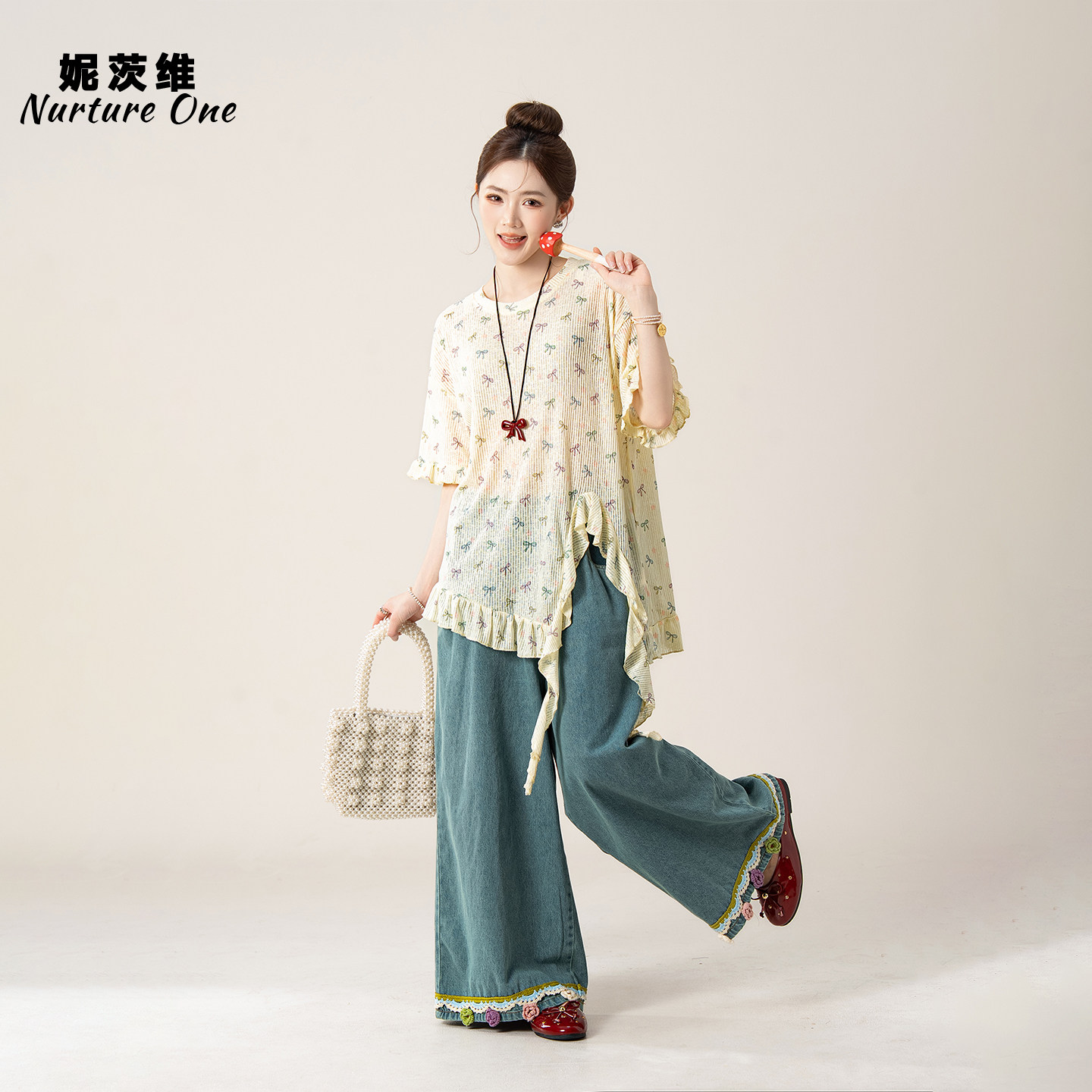 妮茨维【蝶舞织甜】森系蝴蝶结印花短袖T恤女治愈系穿搭花边上衣