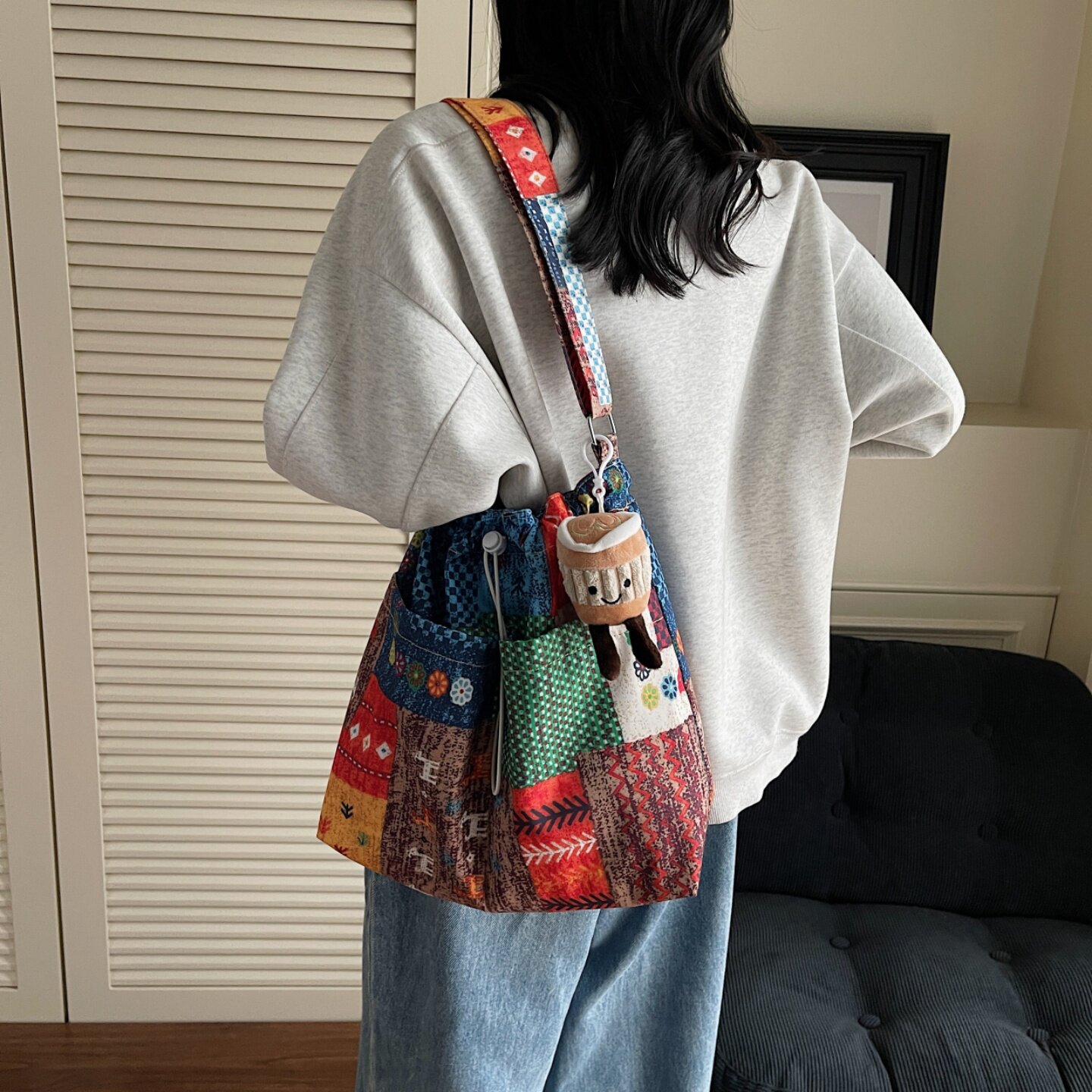 小众原创复古撞色民族风2026春夏季新款牛仔布包单肩斜挎帆布袋女