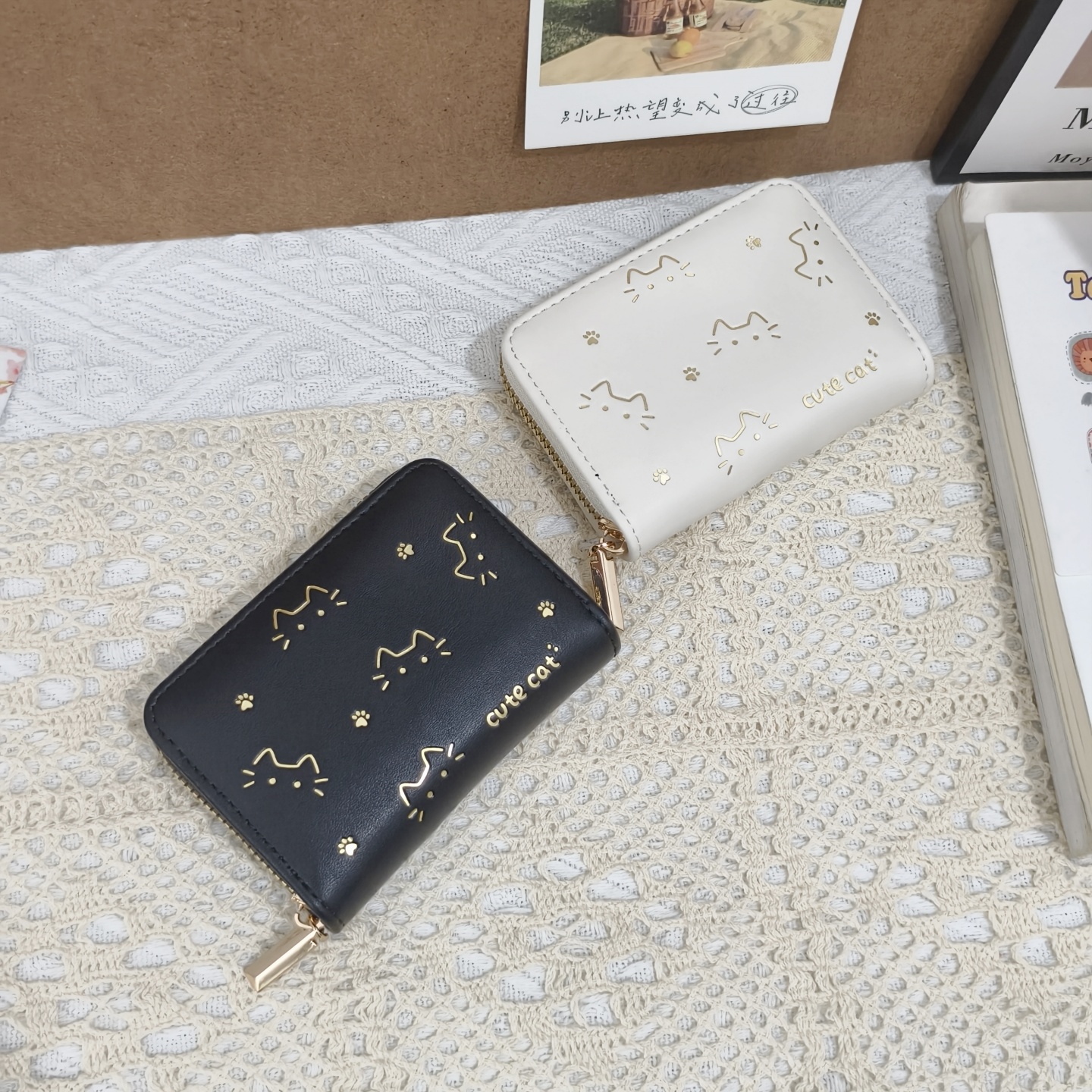 可爱猫咪烫金印花小巧卡包女韩版百搭多卡位拉链零钱包卡包二合一