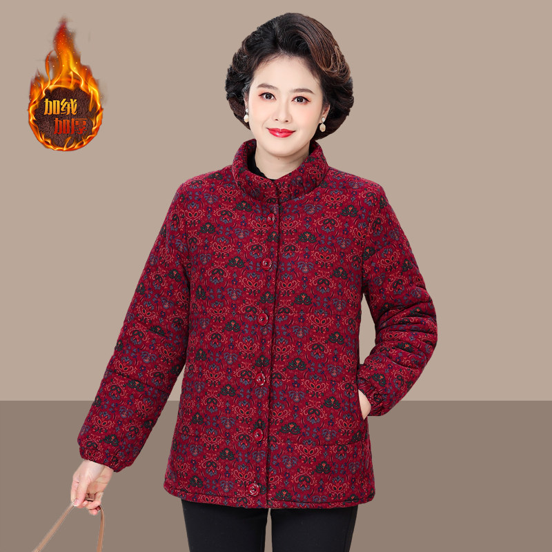 中老年女装加绒加厚灯芯绒棉衣妈妈装时尚立领宽松保暖花棉袄外套