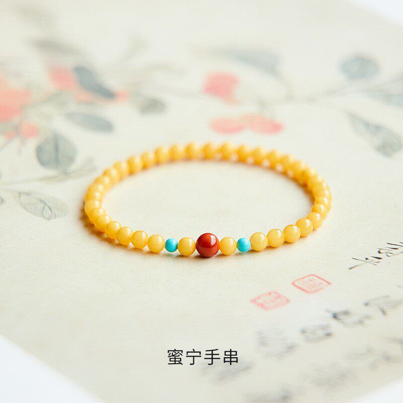 绿松石蜜蜡手串天然黄色琥珀小珠子手链南红转运珠新中式国风蜜宁