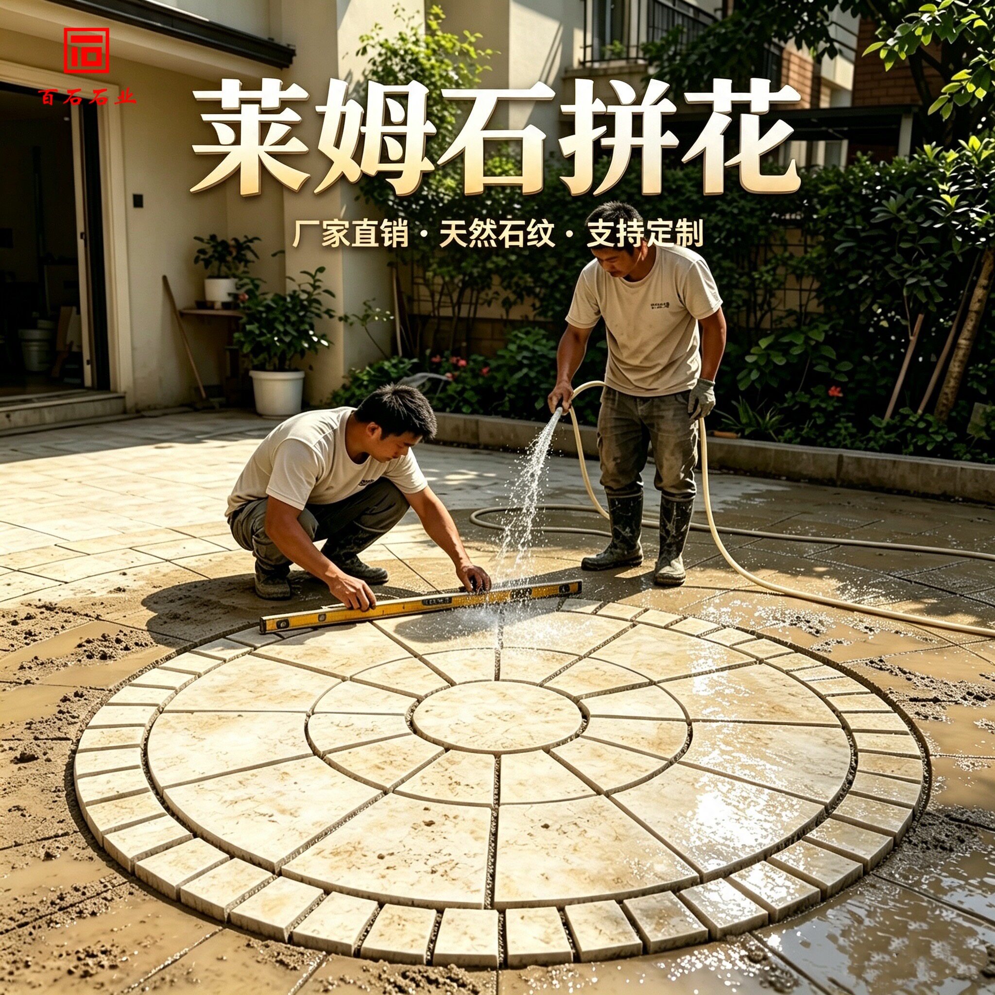 花园地砖天然文化石风水盘别墅庭院室外户外仿古地砖石材拼花防滑
