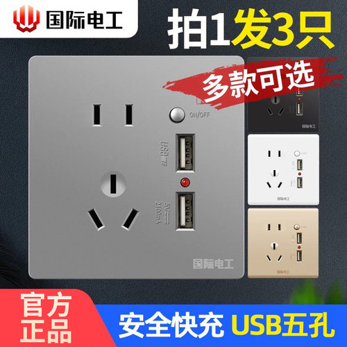 国际电工五孔带双usb开关插座