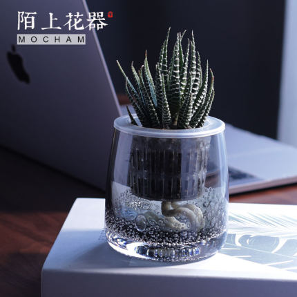 陌上花器正品 水培植物懒人自动吸水 北欧灰色简约绿萝小花盆白掌
