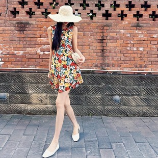 小鱼自制复古油画无袖纯真丝连衣裙 小个子花边领短裙