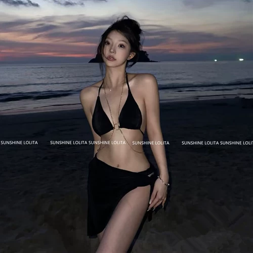 Черная цепь, купальник, комплект, брендовая сексуальная пляжная юбка, 3 предмета, популярно в интернете