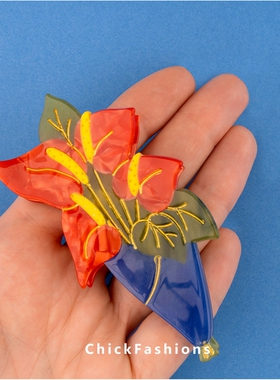 进口现货法国coucou suzette醋酸丸子头刘海鲜花发夹抓夹红掌束