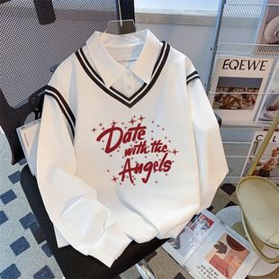 美式卡通卫衣女春秋2026新款设计感假两件POLO撞色中长款上衣外套