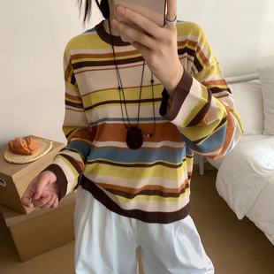 女宽松显瘦百搭上衣潮 欧洲站2025早秋新款 时尚 圆领条纹长袖 针织衫