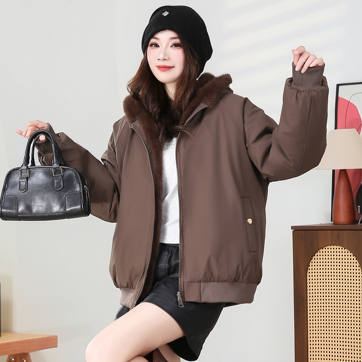 新款双面穿仿水貂毛皮毛一体皮草派克服保暖外套休闲时尚百搭夹克