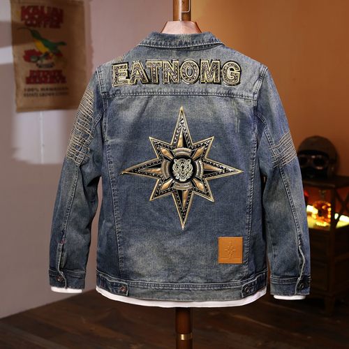 男士牛仔外套高端重工刺绣日系潮牌工装宽松大码男装夹克