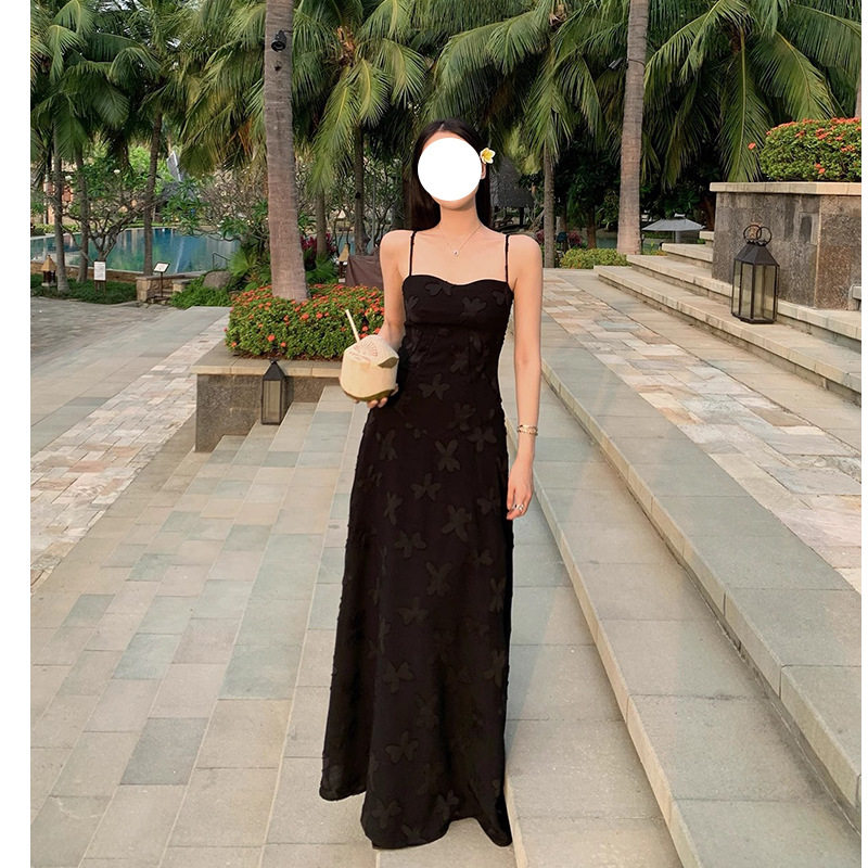 欧美性感吊带露肩背蝴蝶结提花礼服轻奢小众高端级气质显瘦连衣裙