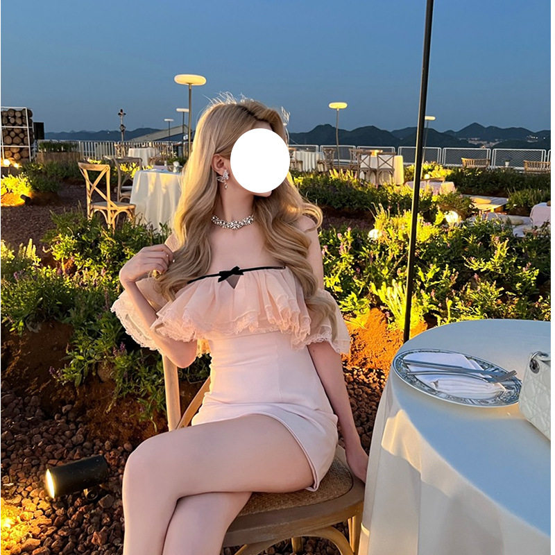 欧美性感一字领抹胸粉色礼服轻奢小众高端级气质荷叶边生日连衣裙