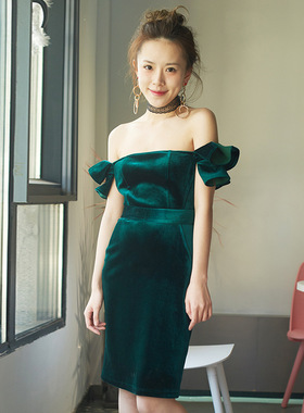 欧美性感抹胸丝绒绿色礼服轻奢小众高端级气质晚宴年会修身连衣裙