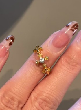 欧美复中古S925纯银十字莺尾花戒指轻奢小众高端级设计感气质名媛