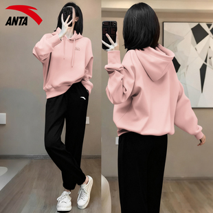 安踏粉色运动套装女款冬季2026新款时尚宽松连帽卫衣休闲长袖长裤