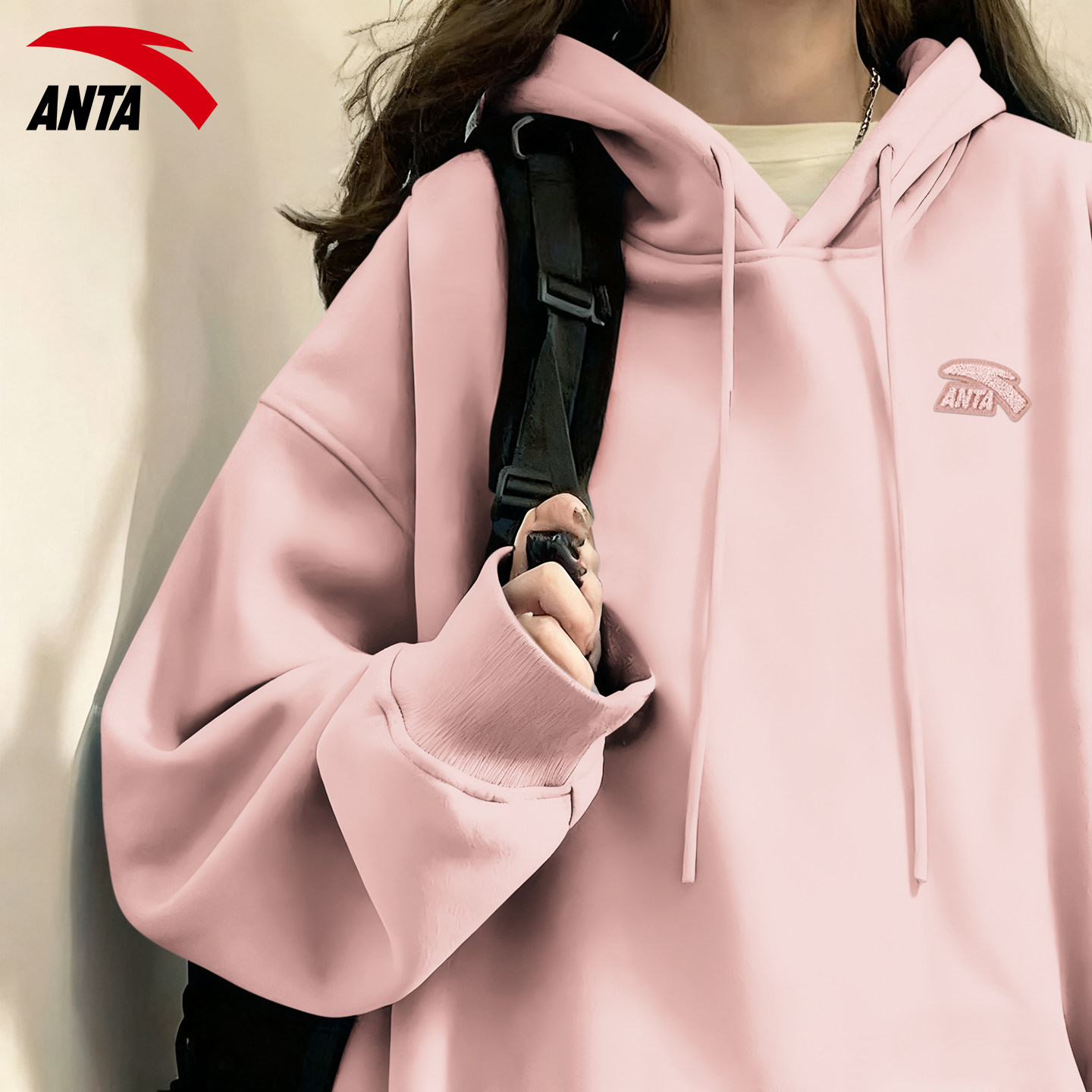 安踏粉色连帽卫衣女款冬季2025新款加绒保暖时尚长袖宽松百搭上衣