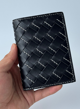 【皮先生专属】男士编制牛皮两折竖版钱包 牛皮编织与手缝线而成