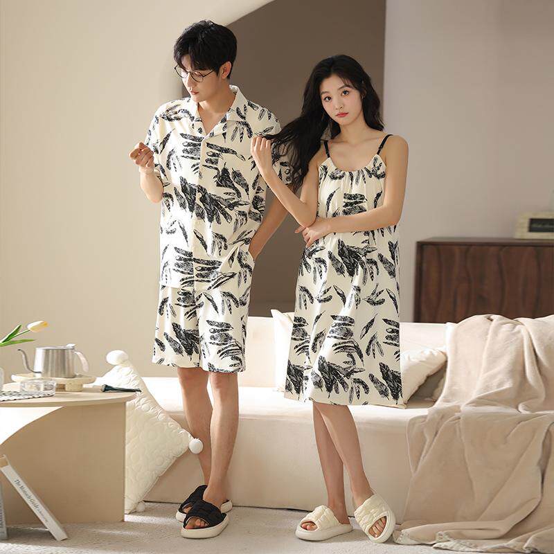 2025新款情侣睡衣女夏季纯欲风带胸垫吊带睡裙短袖短裤家居服套装