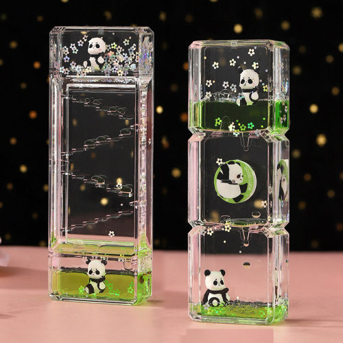 治愈系可爱熊猫动感滑滑梯油滴沙漏创意摆件学生减压玩具儿童礼物