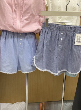 ALLO2024夏季新款减龄气质少女感条纹拼接花边纯棉休闲短裤22658