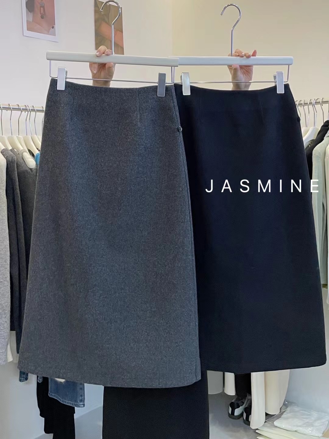 气质纯色中长款毛呢半身裙包臀裙