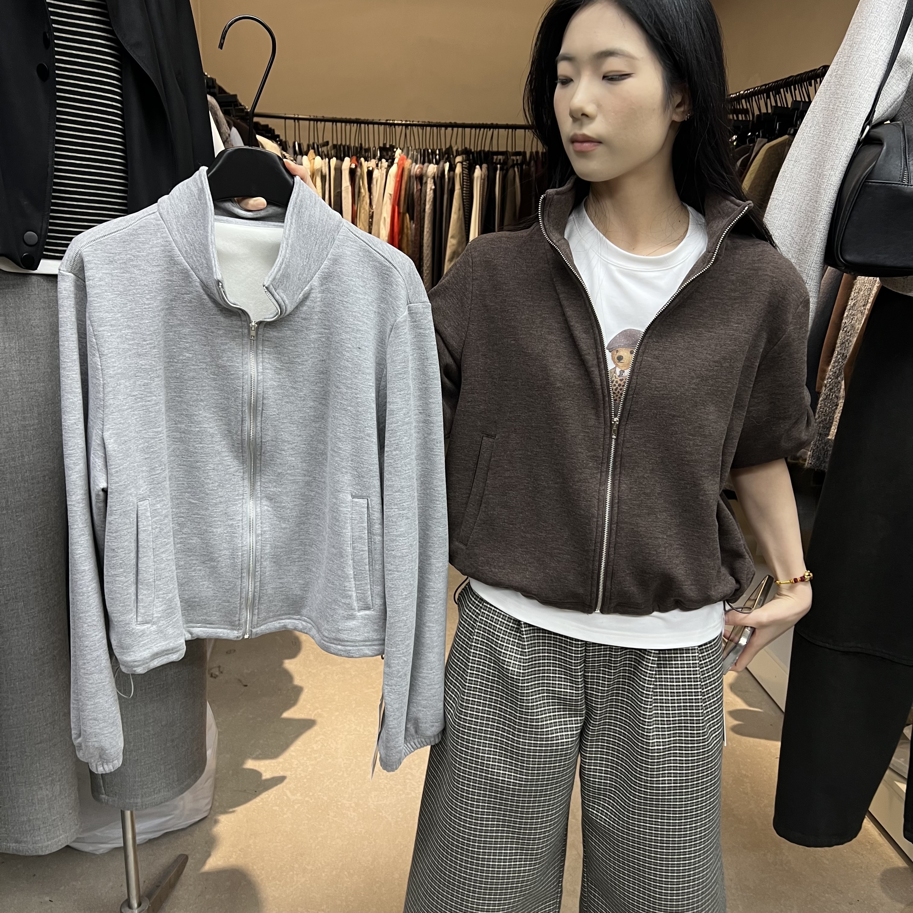 ABOWLAB2025秋冬新款休闲宽松百搭立领拉链式加绒卫衣外套女83036