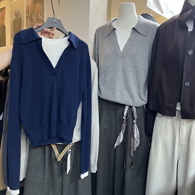 WEARELAB2025秋冬通勤百搭翻领拼接假两件设计感羊毛针织衫女1957