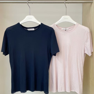 JASMINE2025夏简约纯色百搭显瘦磨破设计韩国面料T恤短袖上衣3343