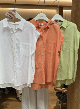 TG22475翻领短袖排扣口袋宽松洋气休闲百搭纯色衬衫上衣女