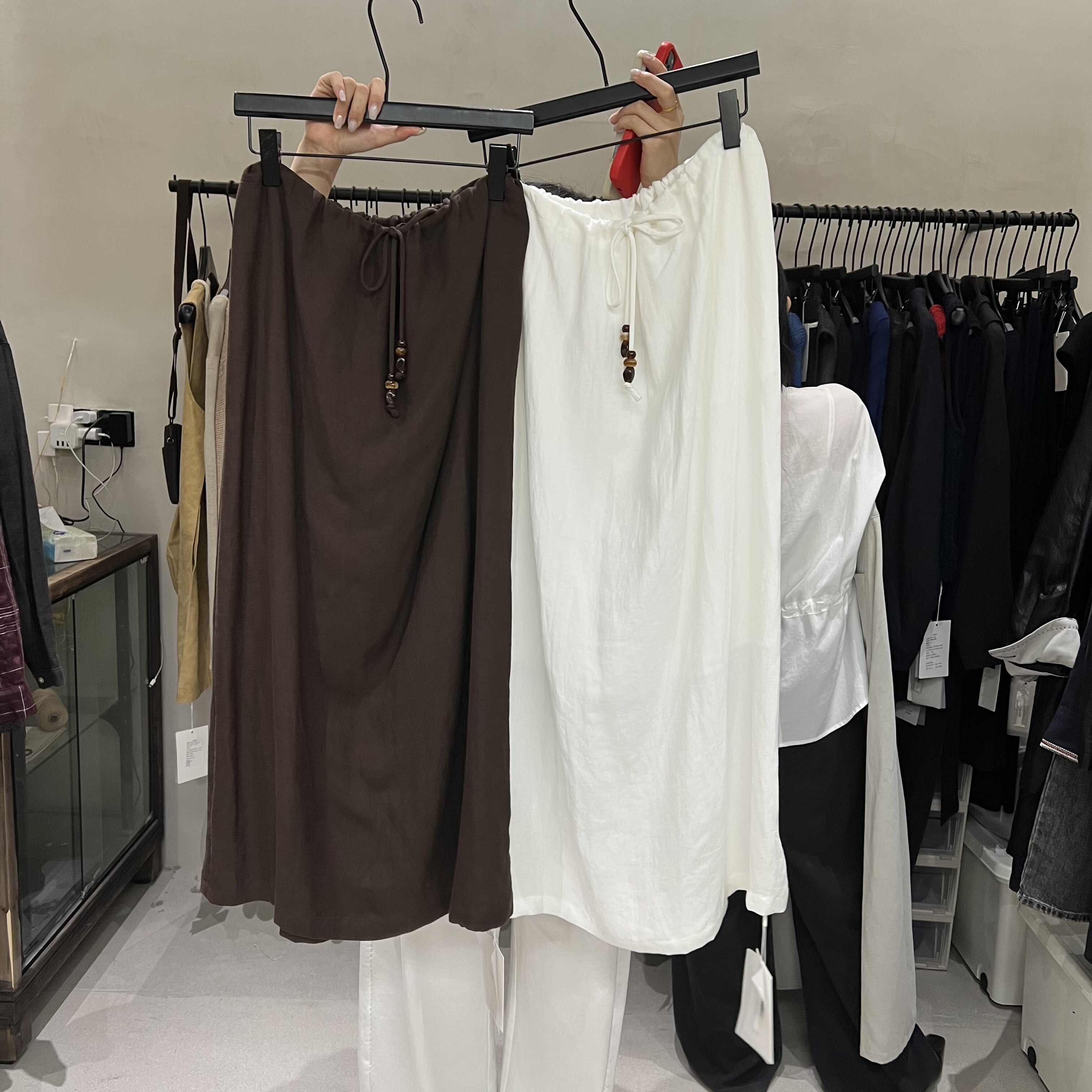 2025秋季新款FORHER通勤气质百搭抽绳松紧腰棉麻长款半身裙女0262