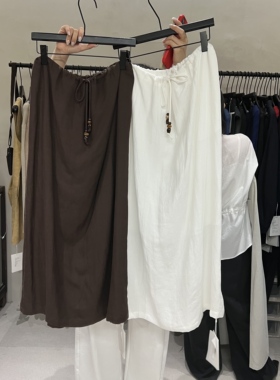 2025秋季新款FORHER通勤气质百搭抽绳松紧腰棉麻长款半身裙女0262