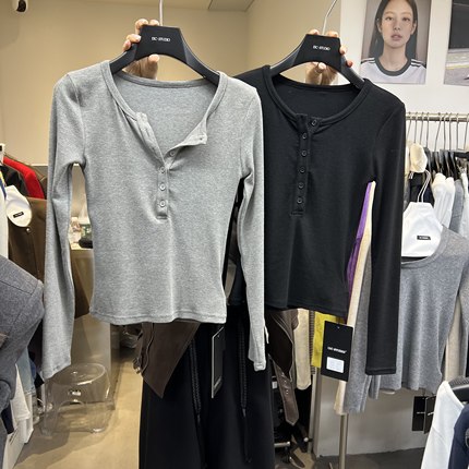 十三行13C2025秋季新款纯色系扣修身显瘦短款长袖T恤内搭上衣3631