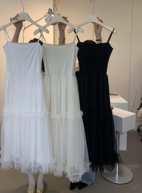 FINOA2025春夏韩版甜美减龄百搭荷叶边拼接网纱连衣裙女长裙12386