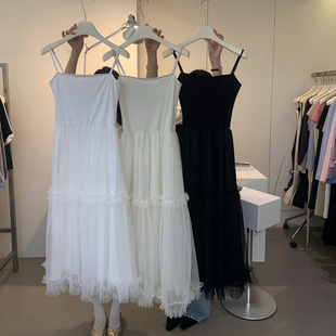 FINOA2025春夏韩版甜美减龄百搭荷叶边拼接网纱连衣裙女长裙12386