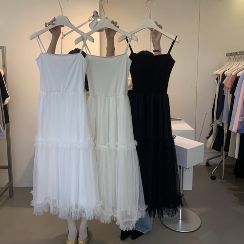 FINOA2025春夏韩版甜美减龄百搭荷叶边拼接网纱连衣裙女长裙12386