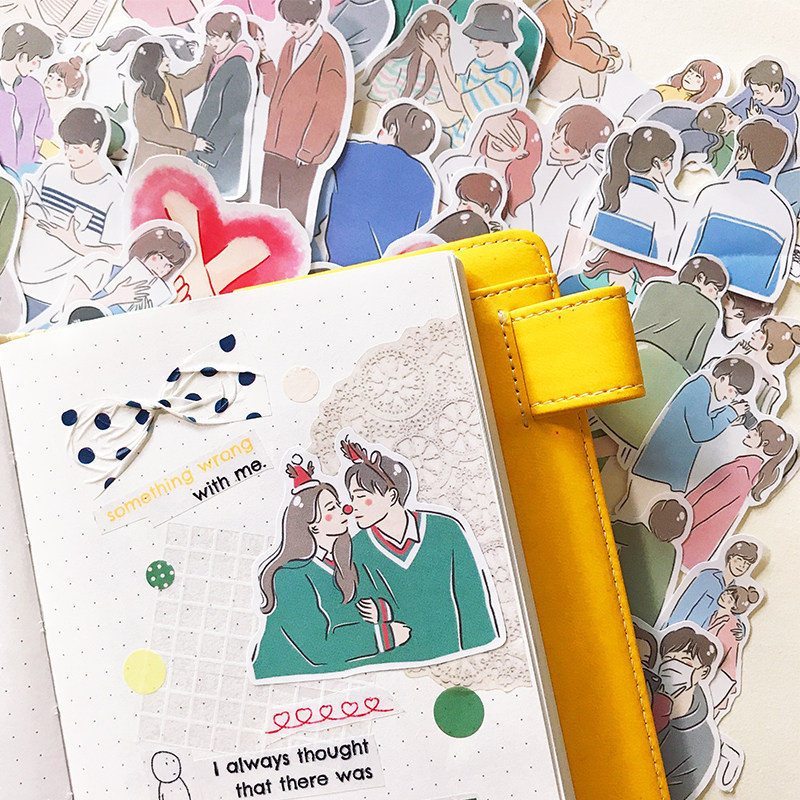 情侣贴纸手账手绘人物男孩女孩恋爱相册diy装饰日记电脑手机贴画