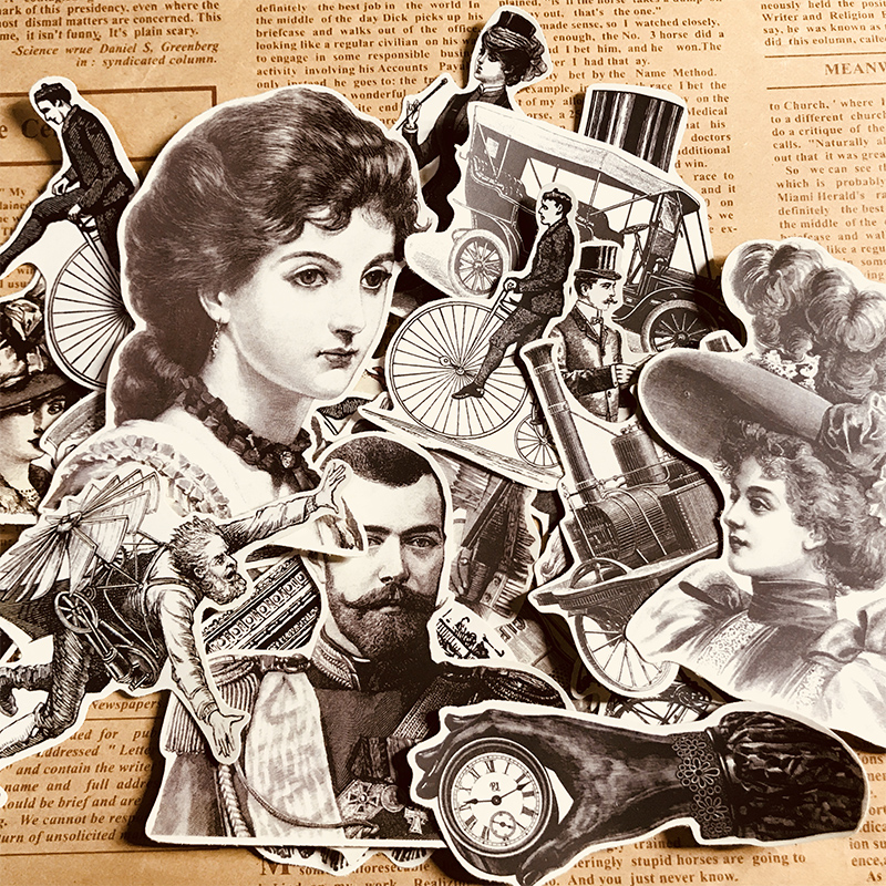 黑白系欧美风复古人物手帐贴纸包手账素材工具相册防水装饰小贴画