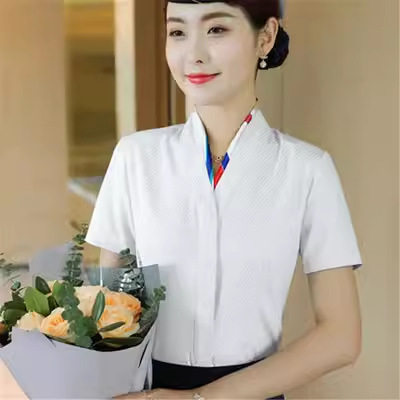 空姐制服女短袖职业白衬衫空乘V领衬衣售楼酒店前台工作服套装女