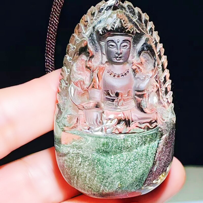 天然绿幽灵水晶观音度母吊坠苏工雕刻毛衣项链挂坠男饰品礼物48