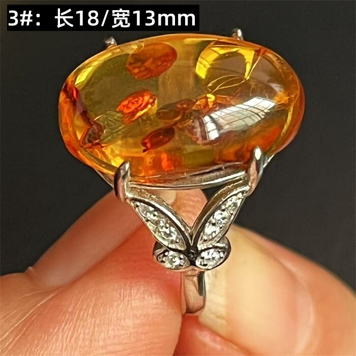 天然蜜蜡琥珀花珀戒指银镶嵌男女款活口指环饰品礼物一物一图