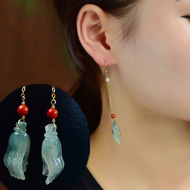 天然A货翡翠佛手耳坠耳勾耳线14k金镶嵌翡翠雕刻件佛手耳饰女证书